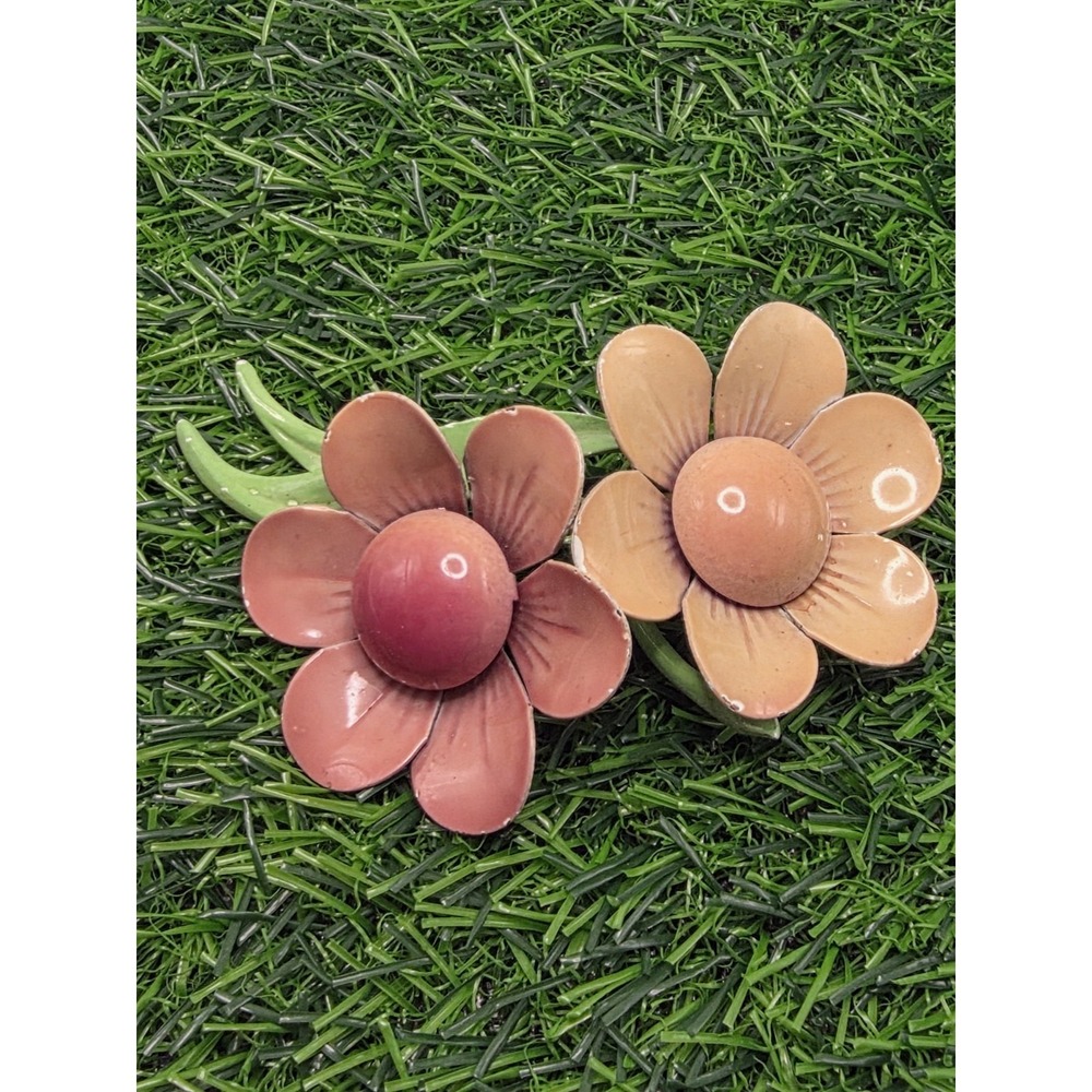 Vintage Enamel Double Flowers Brooch Pin Pastel Colors 3.5" Long